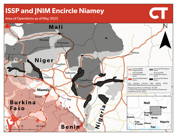 Джихадисты («красные» - ДНИМ, «чёрные» - ИГВС) окружают столицу Нигера Ниамей