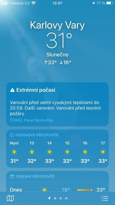 Погода в Карловых Варах 02.07.2025 в 12 час 07 мин. Дальше было еще горячее. В тексте предупреждение о очень высоких температурах и предупреждение о лесных пожарах.