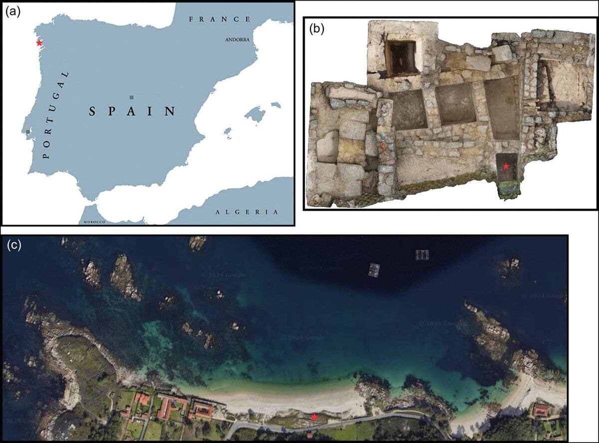    a) Карта Пиренейского полуострова, на которой красным выделено место римского рыбозасолочного «завода»; b) Трехмерная реконструкция римского «завода» по засолке рыбы; c) Аэрофотосъемка места, где располагался римский «завод» / © Paula Campos