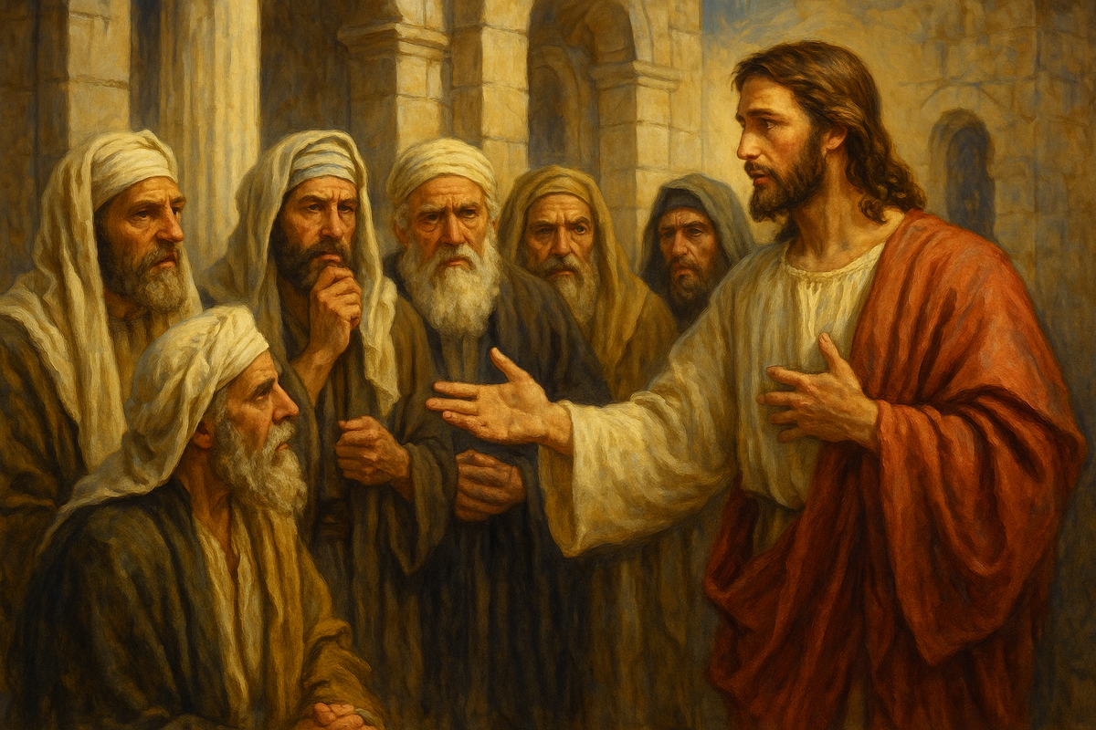 На изображении перед нами — ярко выраженная сцена духовного наставления, созданная в традиционной живописной манере. Главная фигура — Учитель, облачённый в светлую тунику и красновато-терракотовый плащ, символизирующий как чистоту, так и огонь Духа. Он стоит с открытой ладонью, направленной к группе старцев, словно пронзая их своим живым словом. Лицо Учителя спокойно и решительно, а его взгляд полон знания и проницательной любви.

Группа из шести пожилых мужчин, стоящих перед ним, изображена с большой выразительностью: на их лицах читаются сомнение, недоверие, напряжённое размышление. Их одеяния — простые, в тусклых земляных тонах, что подчёркивает их приверженность форме, но не сути. Каменные своды позади них напоминают о древности и тяжести традиции, которую они несут, но которая уже не способна вместить живой поток истины.

Свет, льющийся сверху, не просто освещает сцену — он явно акцентирует на Учителе, словно Невидимый Источник выделяет его как носителя Слова. Этот свет мягко касается лиц старцев, но не проникает в них глубоко: они остаются в полутени — и физически, и духовно.

Композиционно сцена раскрывает скрытую драму: живое Слово сталкивается с окаменевшим сопротивлением. Тема фото отсылает к фразе: «Слепые вожди слепых», показывая, что без плода Духа и откровения истины ни знание, ни положение не могут спасти от падения в яму.

Картина глубоко символична: это не просто диалог времён, но откровение о том, что лишь очищенное намерение, плодоносящее в других, подтверждает Источник