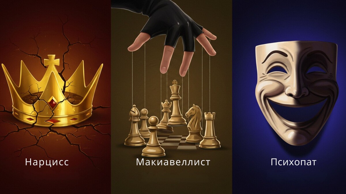 стилизованный коллаж из трех архетипов – треснувшая золотая корона, рука кукловода над шахматными фигурами и театральная маска с фальшивой улыбкой