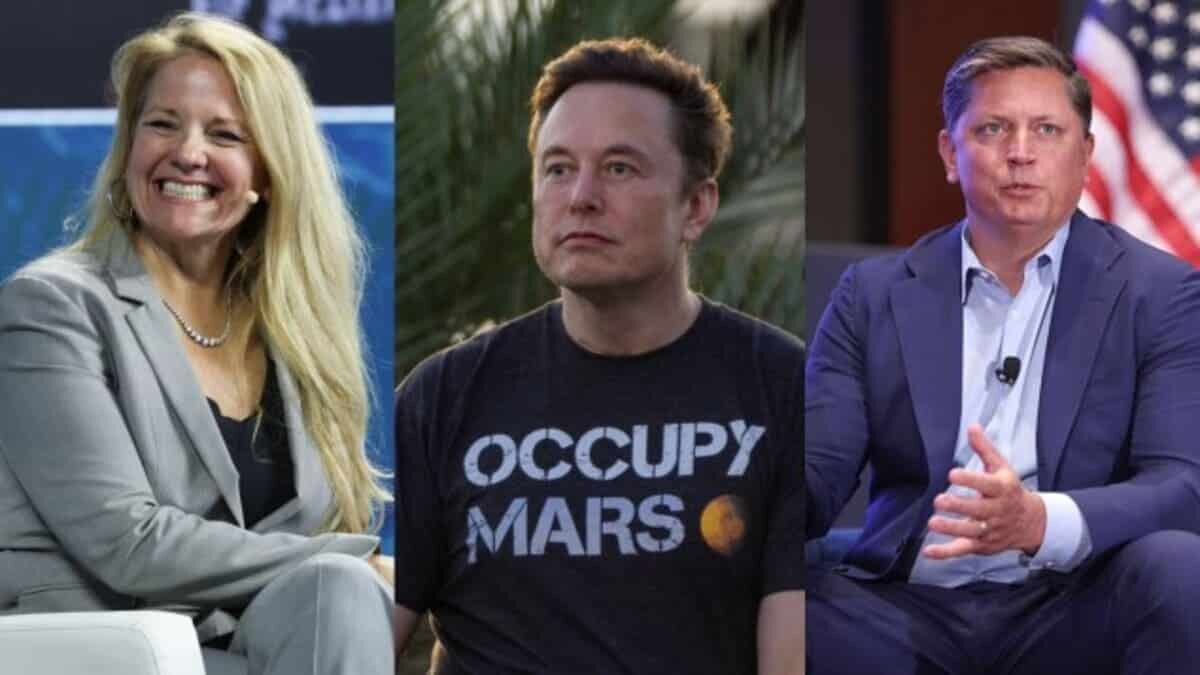    Слева направо: Гвинн Шотвелл, Илон Маск и Тим Хьюз / © Getty Images
