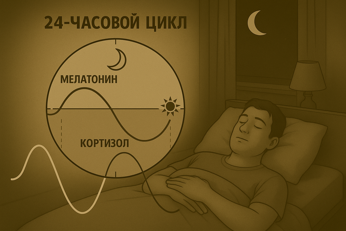 человек спокойно спит в темной комнате с мягким светом луны, на фоне схема циркадных ритмов