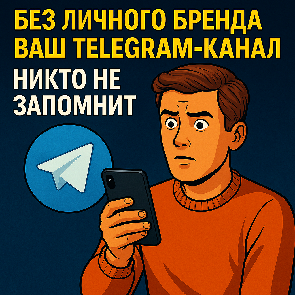 Обложка оформлена в ярком и цепляющем стиле, идеально подходит для статьи о важности личного бренда при продвижении канала в Telegram в 2025 году.