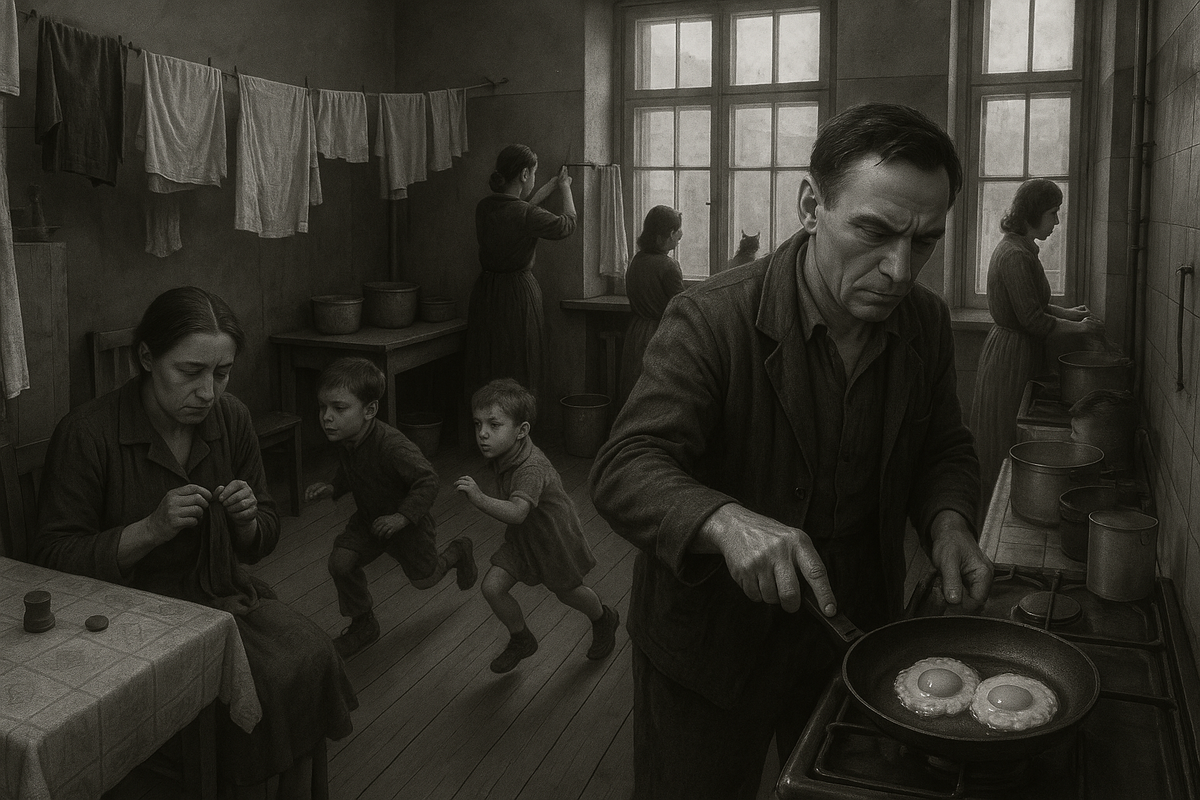 Обычная коммунальная квартира того времени, где каждый звук мог стать поводом для доноса