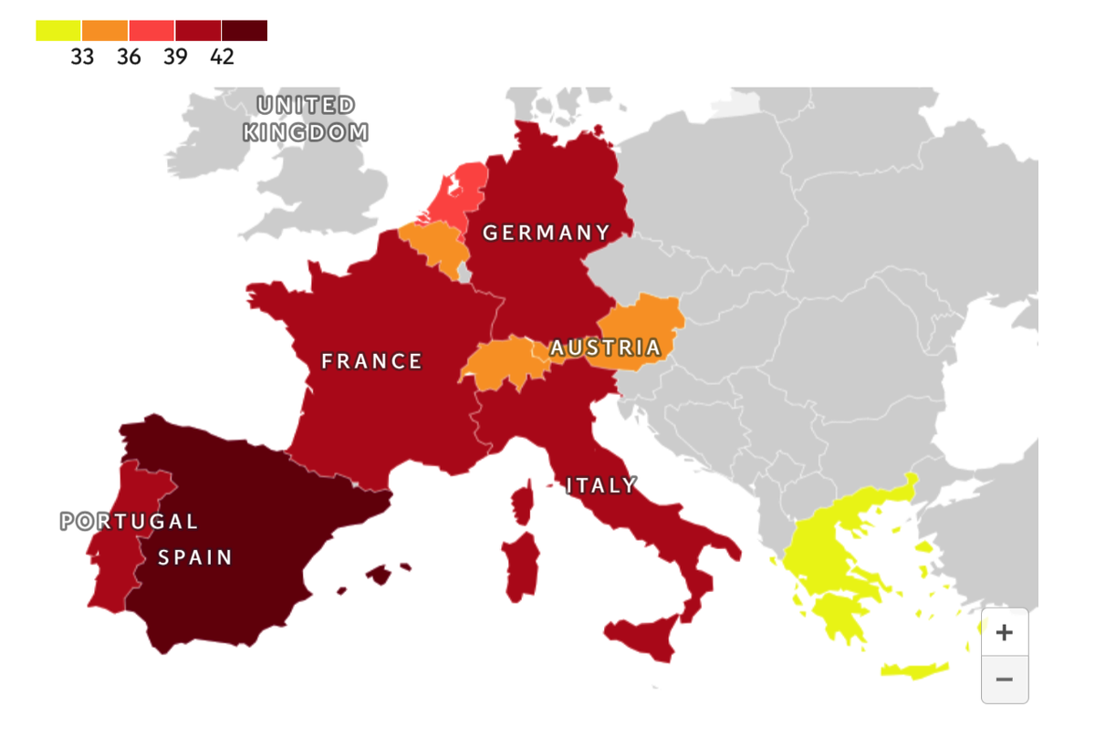 Распределение государств Западной и Южной Европы по самым высоким зарегистрированным температурам в  градусах Цельсия в каждой стране (данные на 02.07.2025г.). Источник: Rachel Clun/The Independent (https://www.independent.co.uk/)