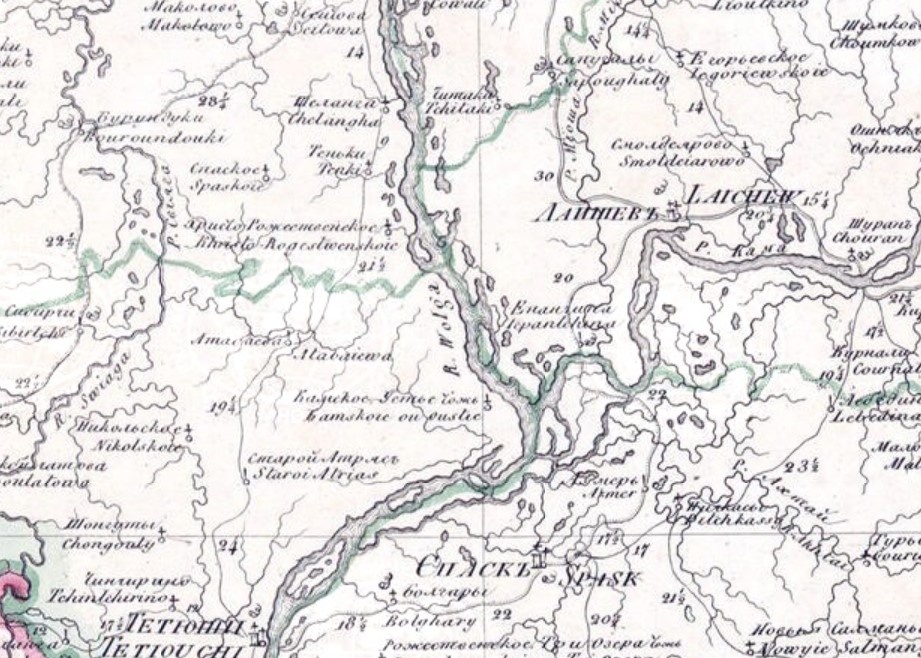 Место слияния Волги и Камы в старом атласе