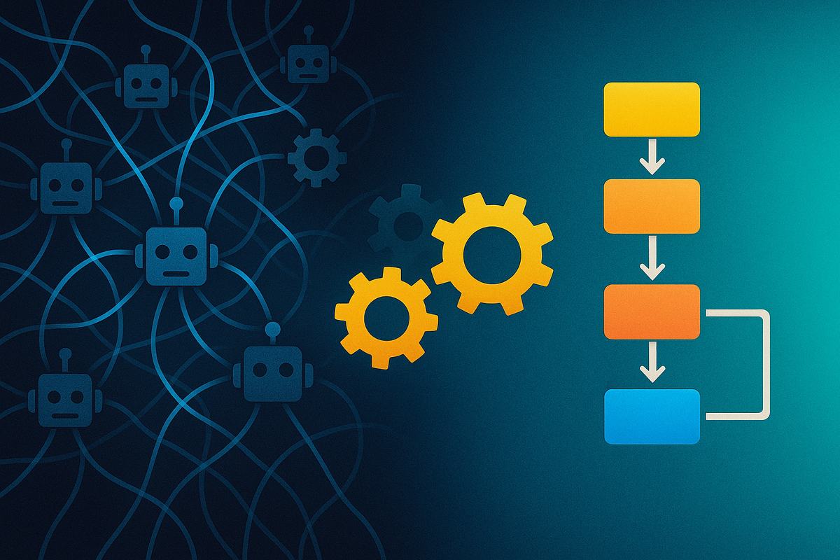 Слева тёмный клубок перепутанных «робо-голов» и проводов символизирует громоздкие AI-агенты; справа — ясная вертикальная схема из пяти простых блоков и шестерёнки, олицетворяющая лаконичные рабочие процессы, которые автор статьи предлагает использовать вместо излишне сложных систем.