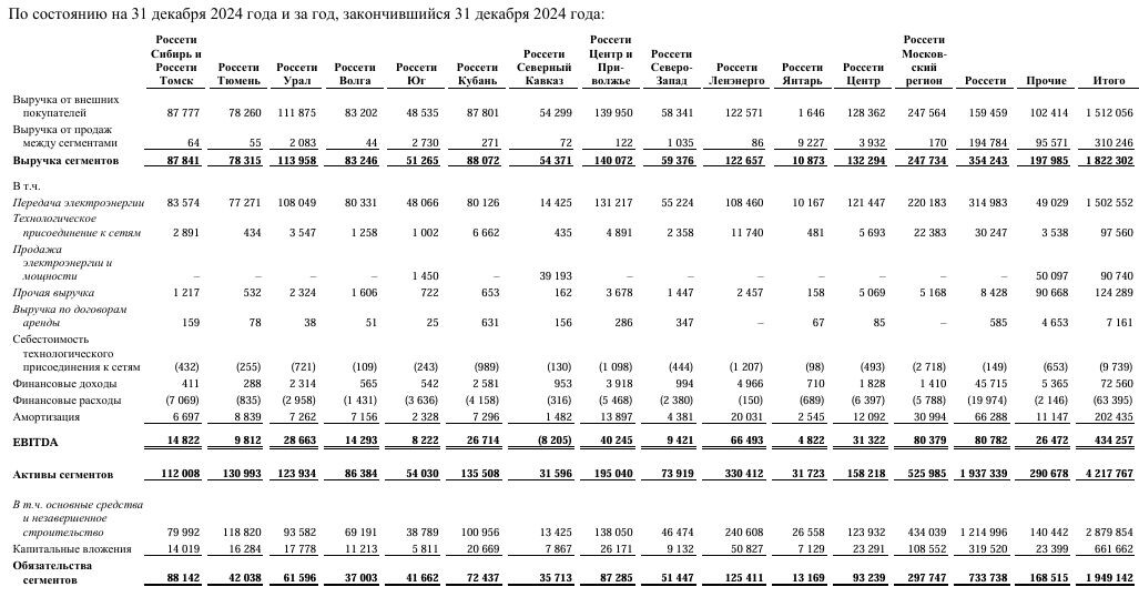 Результаты сегментов Россетей за 2024й год