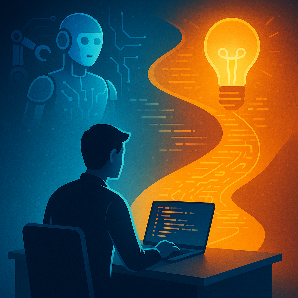 Программист за ноутбуком сидит на границе двух миров: слева холодный синий силуэт ИИ-робота, справа тёплая жёлто-оранжевая лампочка — путь к творчеству. Кодовой поток струится из ноутбука, превращаясь в свет, передавая идею, что ИИ берёт рутину, а человеку остаётся вдохновение и новые возможности.