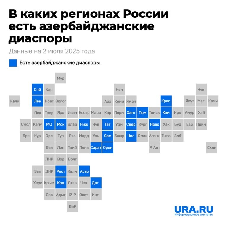 В каких регионах РФ есть азербайджанские диаспоры
Фото: URA.RU