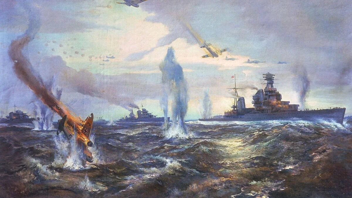 "Переход кораблей Краснознаменного Балтийского флота из Таллина в Кронштадт,  август 1941-го". Картина А.А. Блинкова, 1946 г.