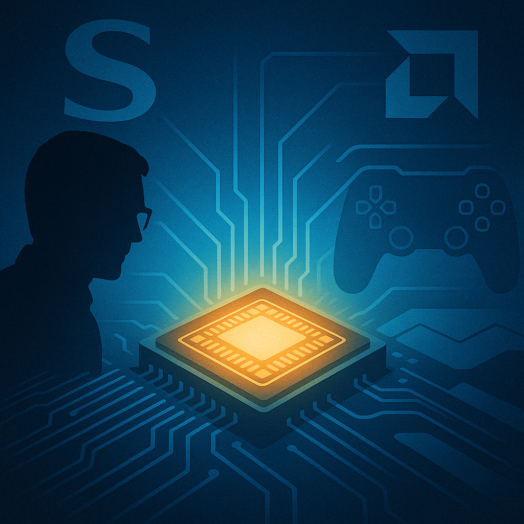 Силуэт инженера наблюдает за сияющим чипом RDNA 5, из которого расходятся линии схемы; на фоне символы контроллера PlayStation и логотипа AMD, подчёркивающие совместную работу Sony и AMD над графикой следующего поколения.