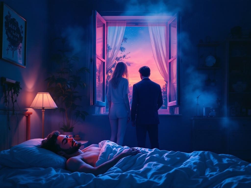    К чему такое снится: На картине изображена женщина, стоящая в ночной кухне у открытого окна, через которое она видит светловолосую девочку. Сзади к женщине подходят два высоких мужчины в