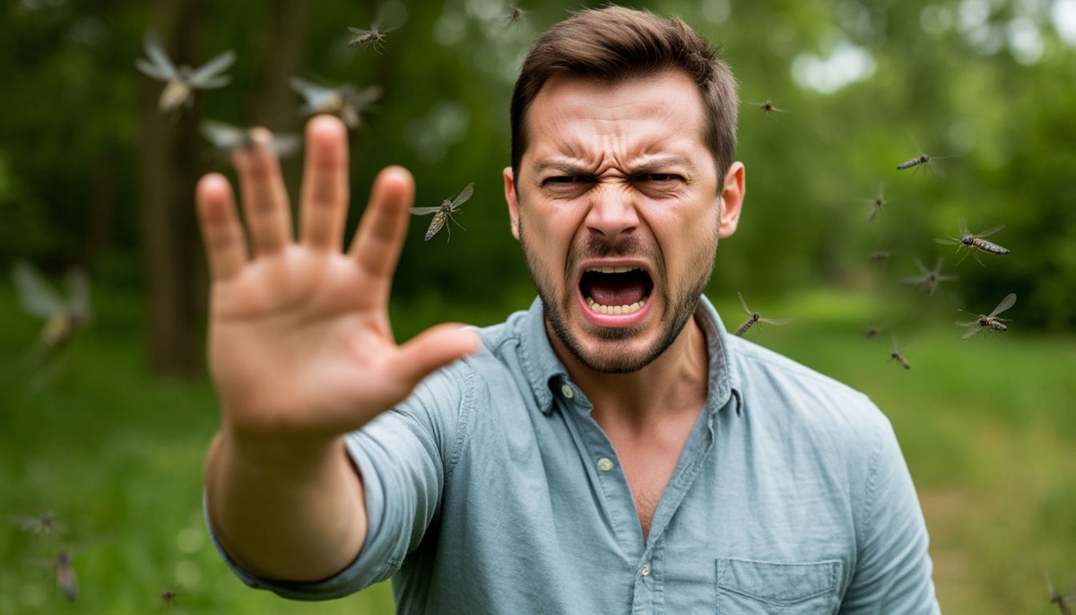 Мужчина отгоняет комаров