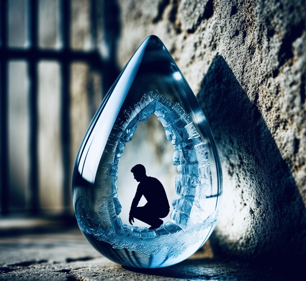 Символичный образ крупной, идеальной, но застывшей слезинки,  внутри которой, виден силуэт маленького человека