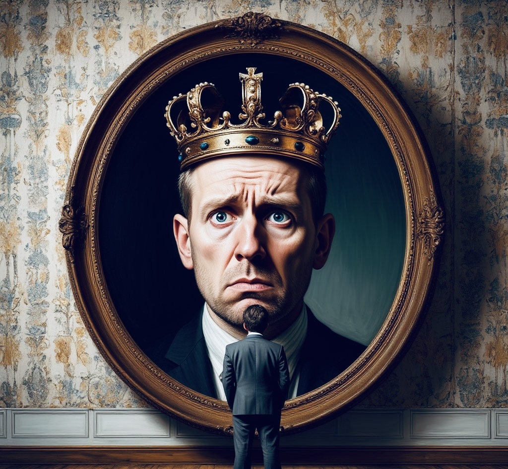 Человек стоит перед большим, искажающим зеркалом. В отражении он видит себя увеличенным в размерах "страдальцем" с короной жертвы.