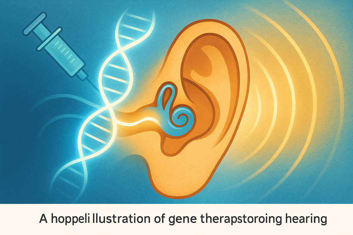 Слева блестящая ДНК и шприц, вводящий генную терапию в ухо; справа от раковины расходятся звуковые волны — визуальный образ того, как лечение возвращает слух.