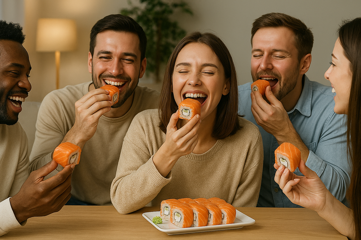 Люди наслаждаются недорогим роллами с толстым слоем рыбки из любимой доставки, которая медленно, но верно катится ко дну.