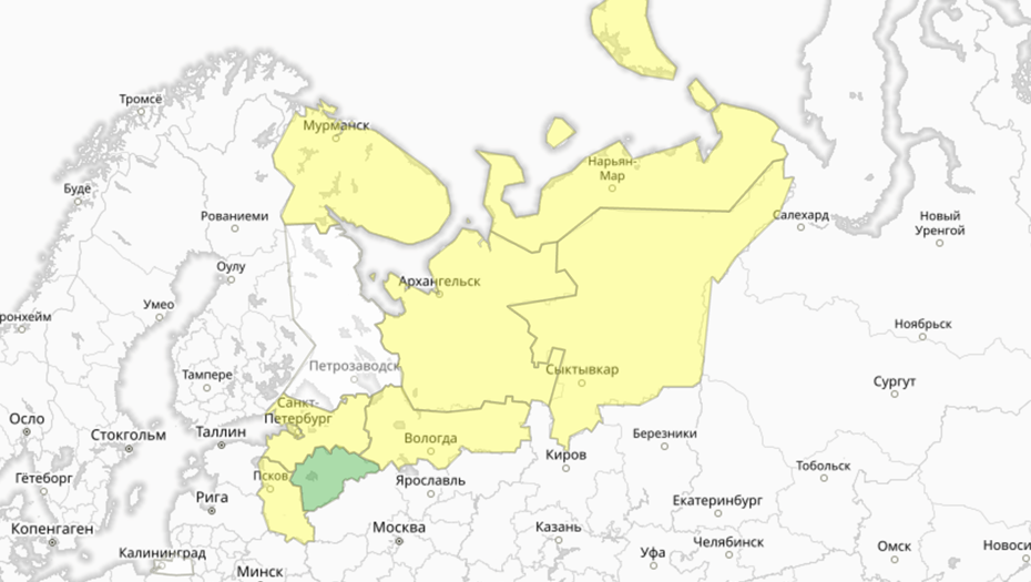    Прогностическая карта предупреждений для СЗФО Автор фото: meteoinfo.ru