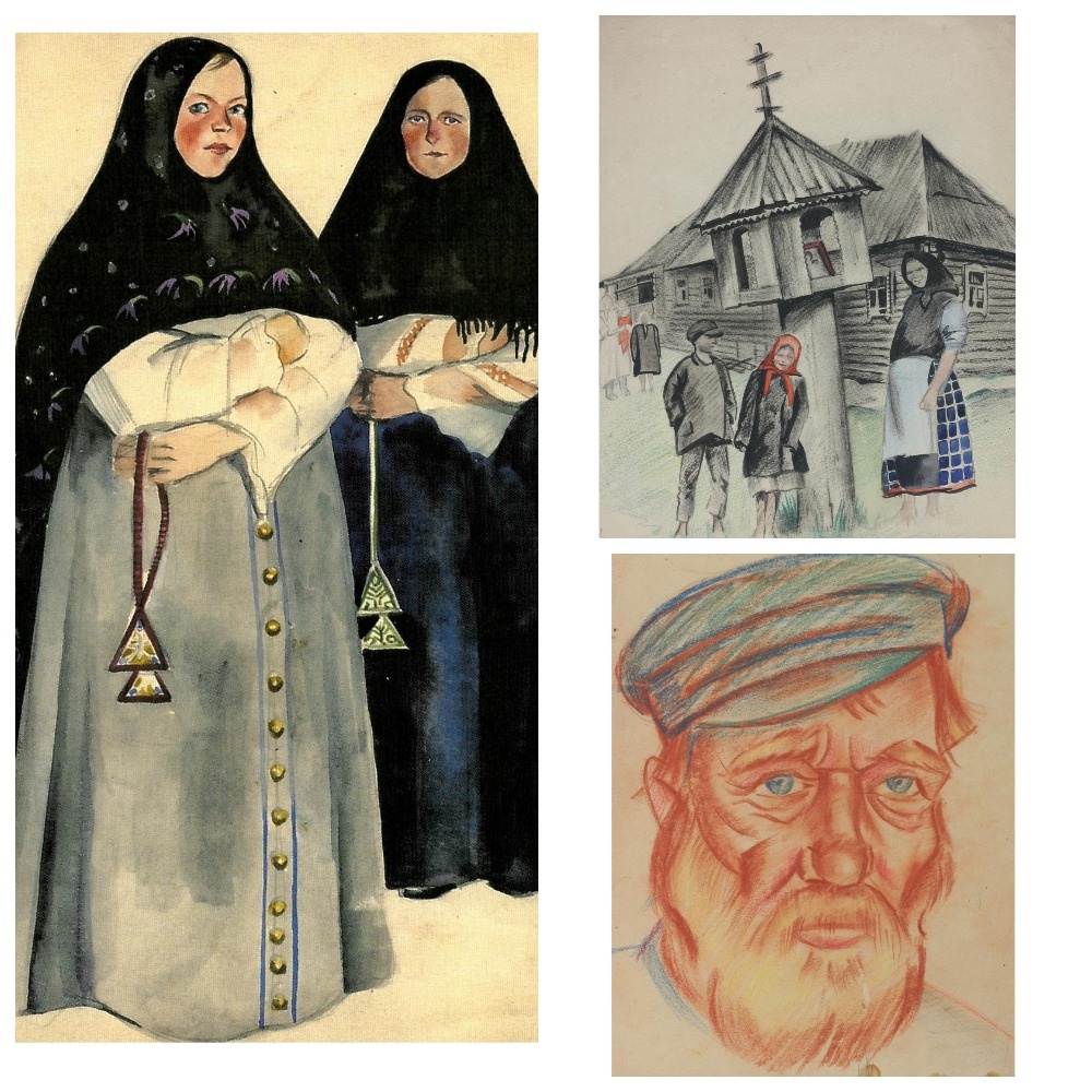 Работы Л.Ф. Милеевой: "Старообрядки", "У часовни", "Мужской портрет". Коллекция РИАМЗ 