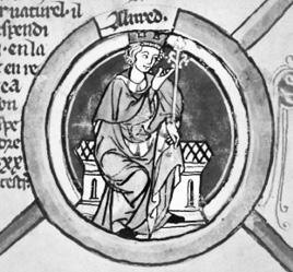 Альфред Великий. Миниатюра «Генеалогических хроник английских королей». Конец XIII в.