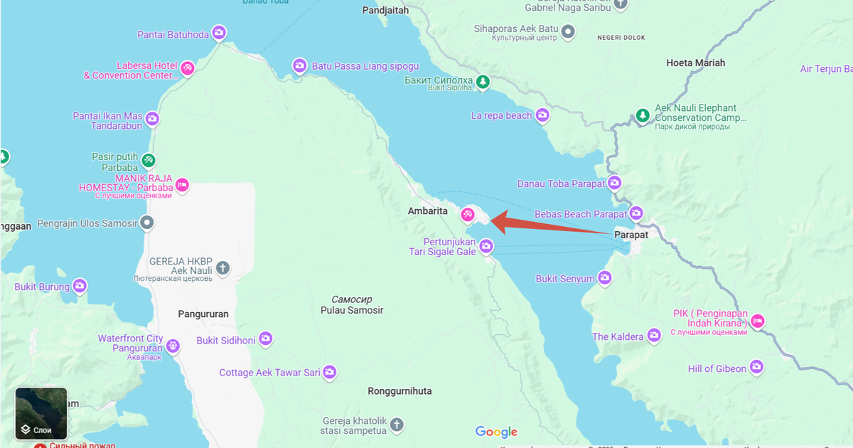 Карта озера Тоба на Суматре, скрин