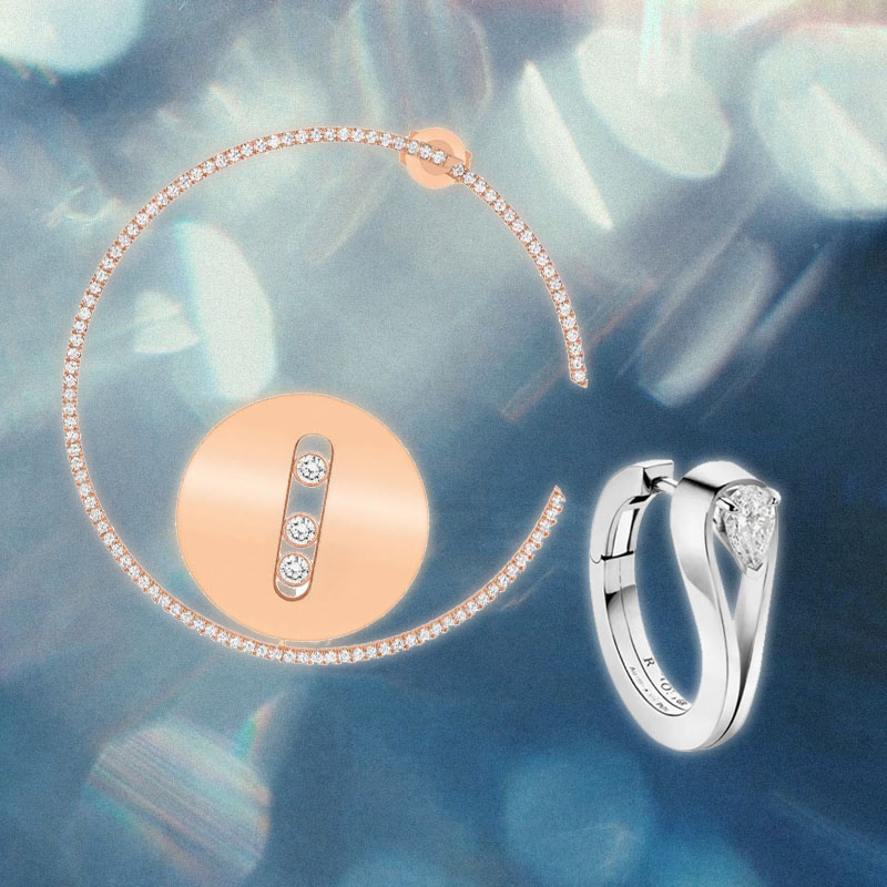 Серьги Messika Lucky Move из розового золота с бриллиантами и Repossi Serti Inversé из белого золота с бриллиантом