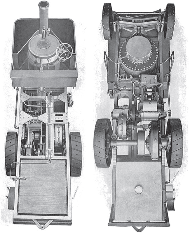 Картинки Яндекса. Два вида парового фургона Thorneycroft без кузова, на которых слева виден вертикальный  котел и дымоход, проходящие через кабину, а справа — двигатель под основной рамой.

