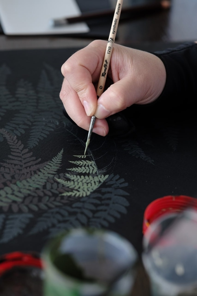 "Папоротник", 2024 год. Акварельная бумага, акрил. 30*50см