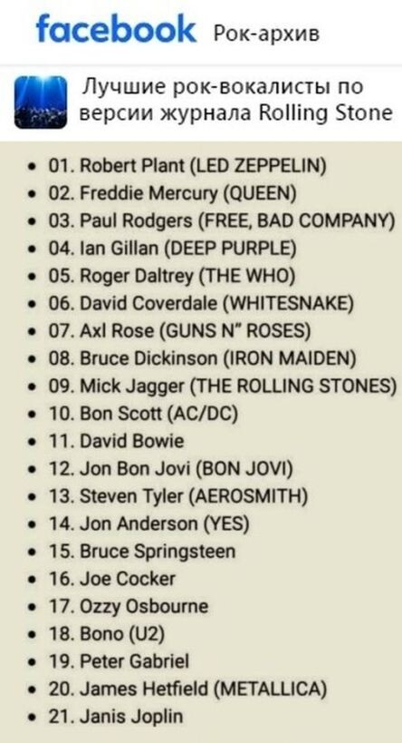 Топ лучших рок-вокалистов по версии ;урнала Rolling Stone