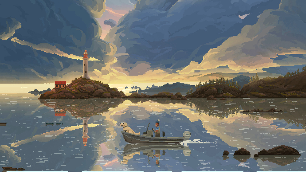 Живописный вид, небо, отражающееся в озере, и лодка с хозяином и собакой — чудесная картина