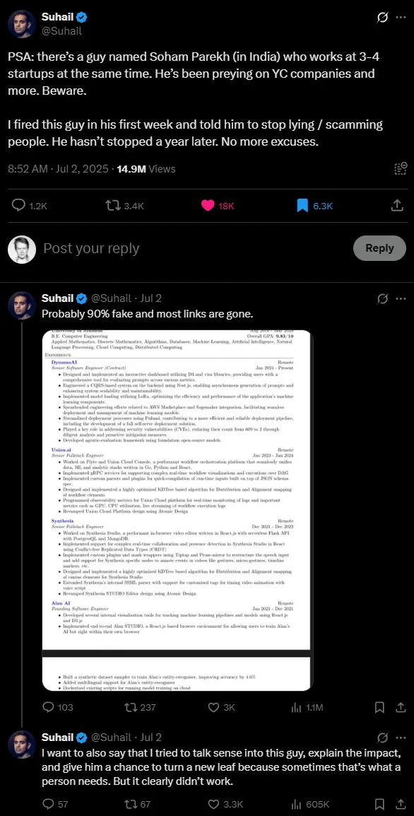 Сухаил даже выложил резюме Сохама и заявил, что большинство ссылок в нём уже не работают, и похоже что оно фейковое чуть менее чем полностью