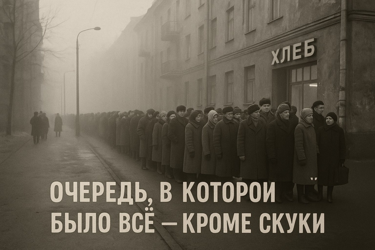 Советское утро у булочной. Люди в пальто, с авоськами и бидонами, стоят в живой очереди за хлебом. На лицах — терпение и привычка, а в воздухе — аромат надежды на «свежее завезли». Очередь не раздражает — она объединяет.