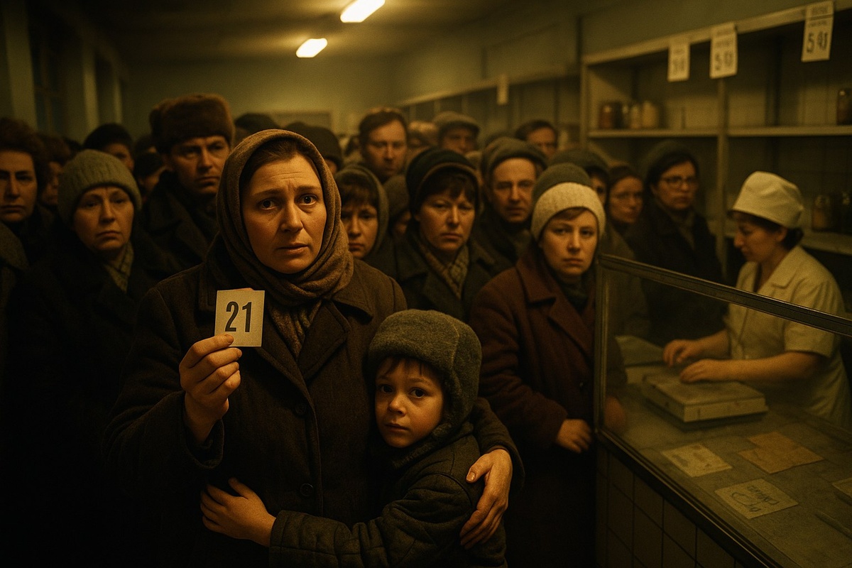 Очередь, как часть повседневности. Конец 80-х, советский магазин в вечернем полумраке. Женщина с талоном в руке и ребёнок, уставший ждать — сцена, знакомая каждому. Полупустые полки, тёплый свет ламп и хрупкая надежда, что "что-то привезли"