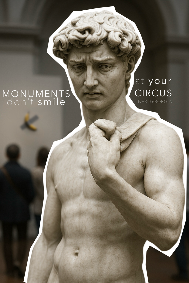 Monuments don’t smile at your circus.
NERO+BORGIA
Будь скульптурой.
Не эхом.