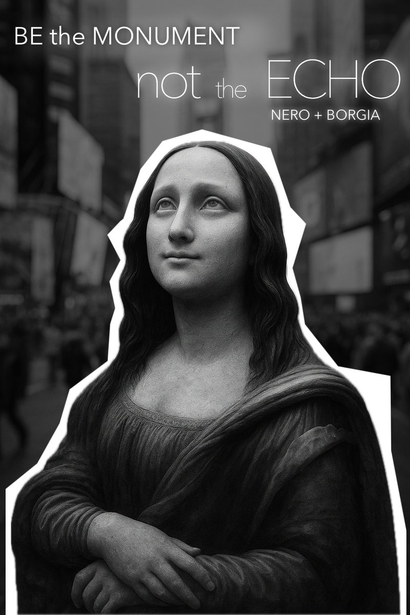 BE the MONUMENT
not the ECHO
NERO + BORGIA
Будь скульптурой. Не повторяй чужой шум.