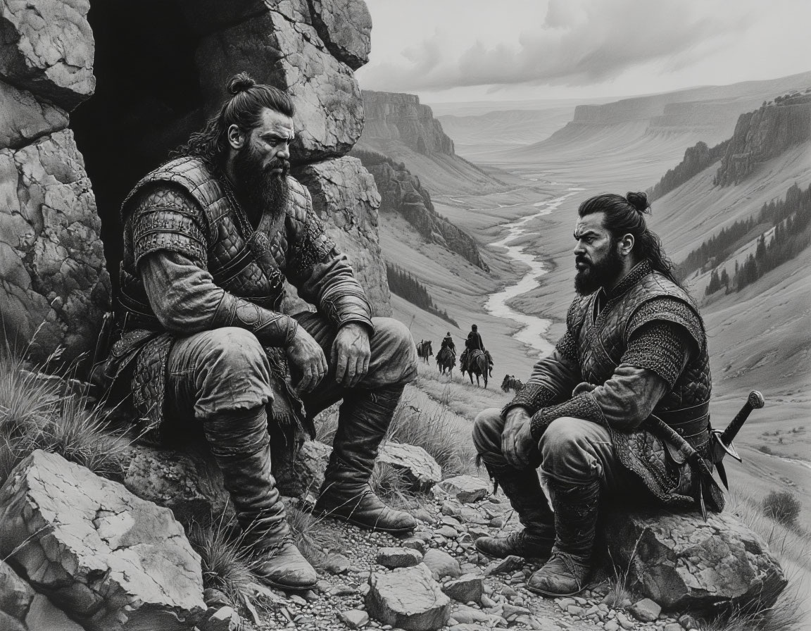 Воины Тургут и Бамсы со своим отрядом готовятся к ложной атаке на торговый караван в горах близ Киоса