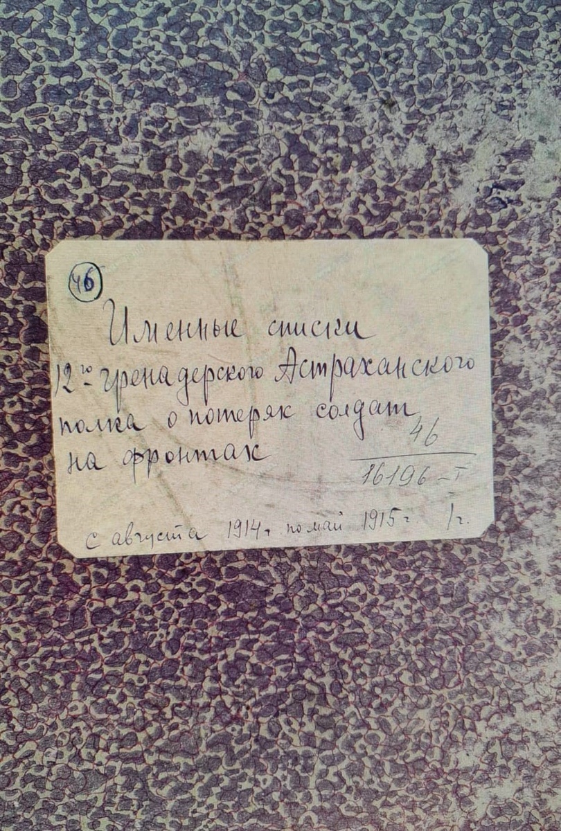 Именные списки 12-го гренадерского Астраханского полка о потерях солдат на фронтах. С августа 1914 г. по май 1915 г.