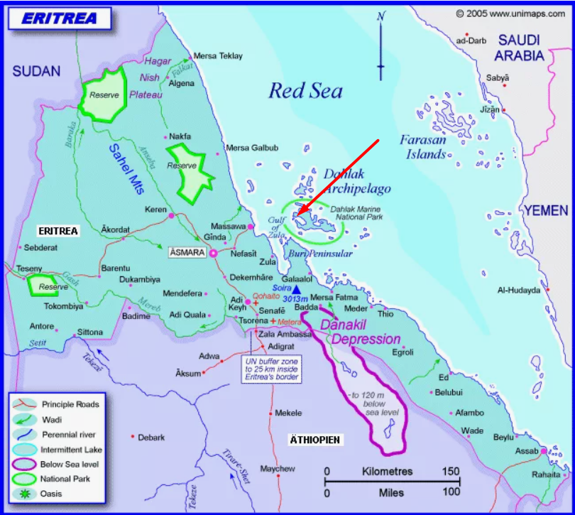 Южная часть Красного моря. Место действия указано на карте.  Фото:  pearls.yoo7.com