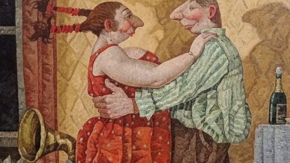 Сергей Меренков "Кто девушку ужинает, тот её и танцует", 2022, холст, масло, 103х109, фрагмент