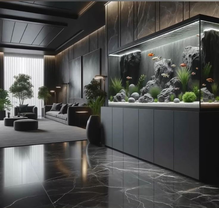 аквариум с чёрным обсидиановым фоном и чёткой геометрией. Центр современного интерьера.