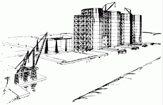 Первоначальнвй вариант открытого здания вертикалной сборки, с водными каналами