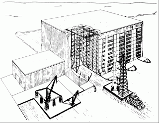 Первоначальный вариант закрытого здания вертикальной сборки, с водными каналами. Транспортировка ракет должна была осуществляться морскими баржами.