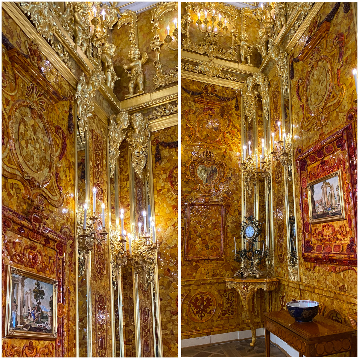 Фрагменты восстановленной Янтарной комнаты в Екатерининском дворце, Царское село.