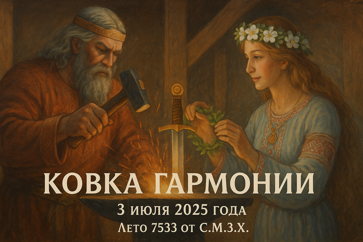 Сварог бьёт молотом по наковальне – рядом стоит Лада. Её руки мягко держат венок, который ложится на уже готовый меч. В их взглядах друг на друга – согласие и сила. Их союз создаёт Красоту Закона.
