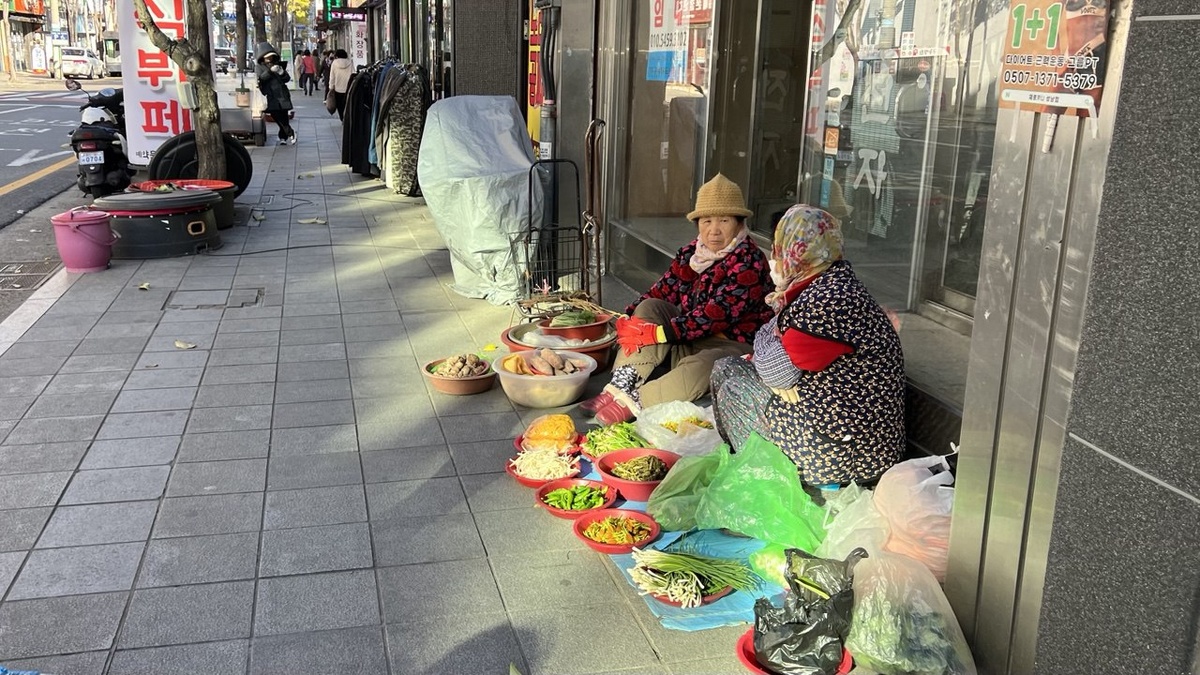 Бабушки продают овощи на полу в Корее