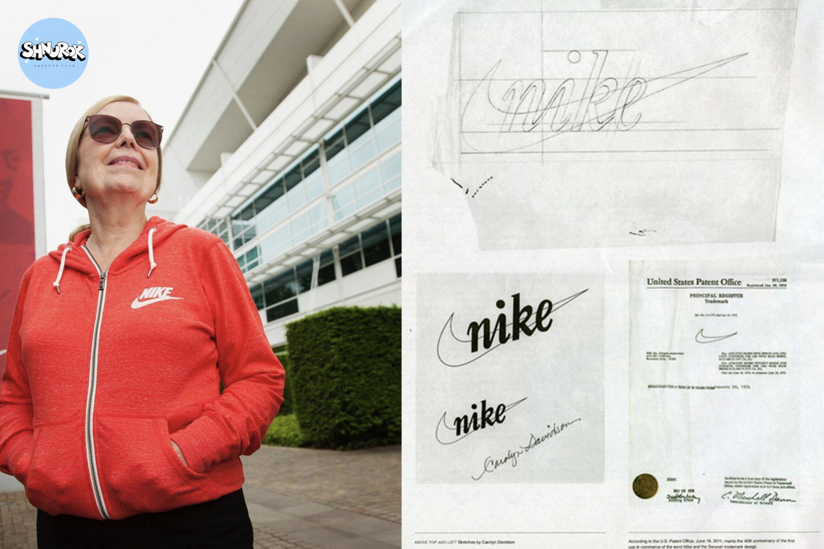 Кэролин Дэвидсон в наши дни и ее первые наброски логотипа Nike
