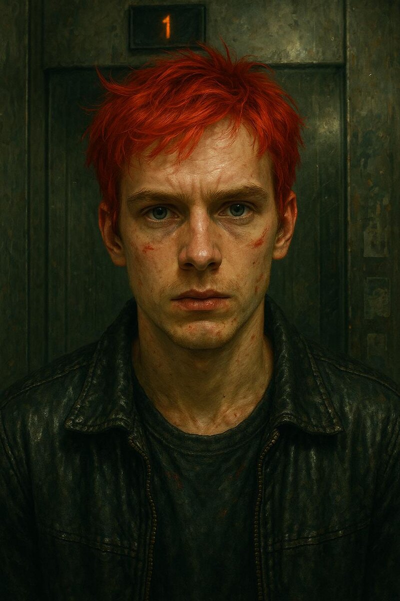 "Пока гудки доходили до адресанта, он впервые за последний, наверное, месяц посмотрел на себя в зеркало. 

Отражение с лицом юноши смотрело на него с наглым, недовольным, дерзким взглядом, которому недавно стукнуло двадцать три года. Глаза будто говорили:

 – Нарываешься на меня, дурила?

Волосы грубияна красные, как огонь, и, словно всё тот же огонь, направлены вверх. Щетина предавала возраста, а в тёмных слегка прищуренных, но полностью открытых глазах смотрелся вызов. Вызов самому себе и всем окружающим".
