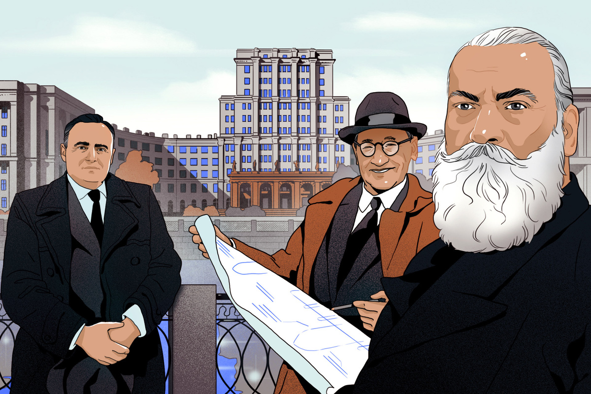 Сергей Королев, Андрей Туполев и Николай Жуковский на фоне Бауманского института. Иллюстрация: Александр Черепанов